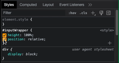 Gif representing how to switch on and off the styles in DevTools